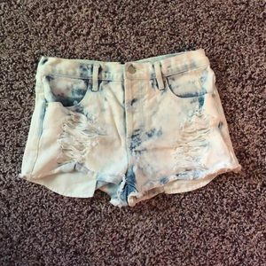 High-Rise Blue Acid-Wash Ripped Jean Shorts